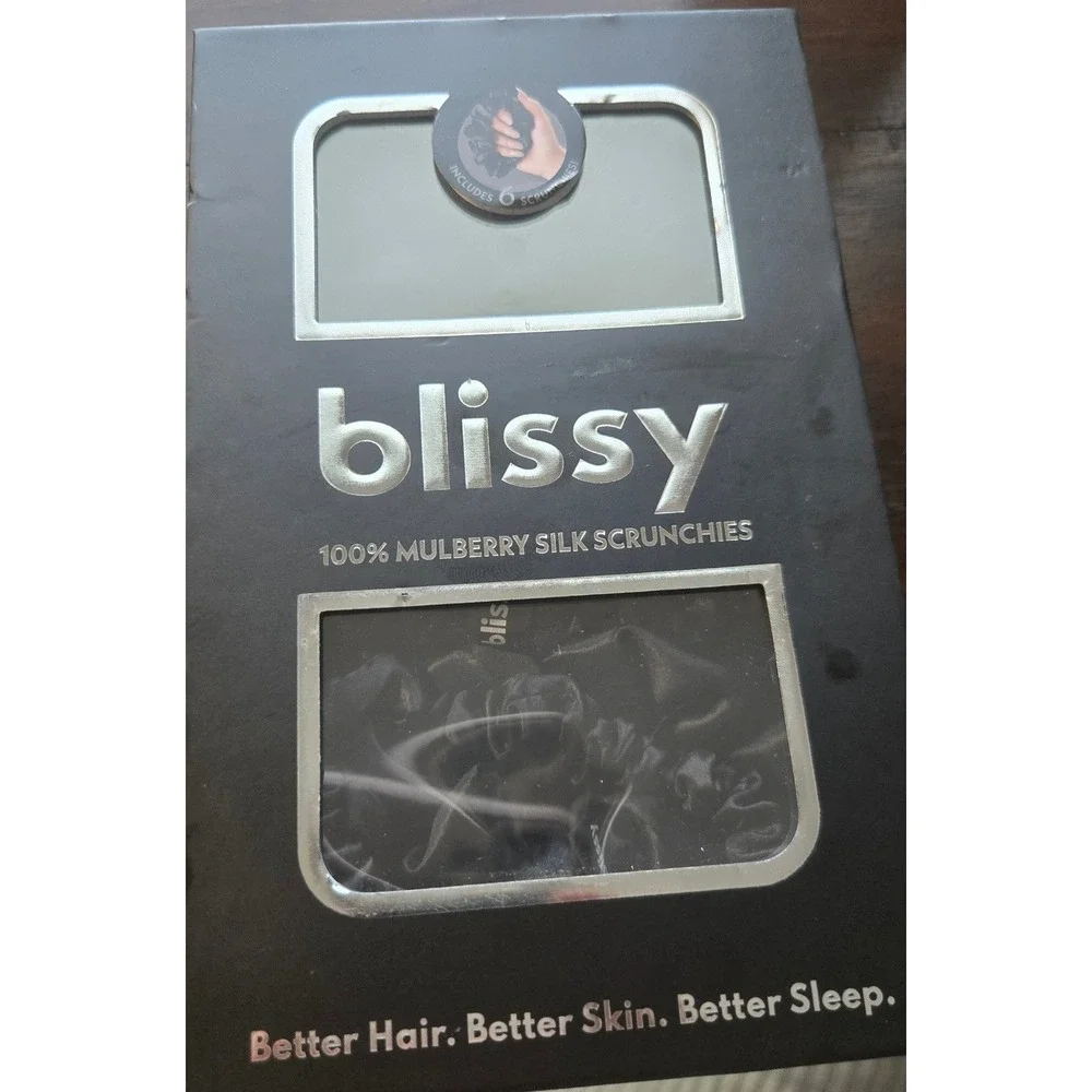 Blissy 100% Mulberry Silk Scrunchies Black 6-Pack 6A Grade Silk Set NEW